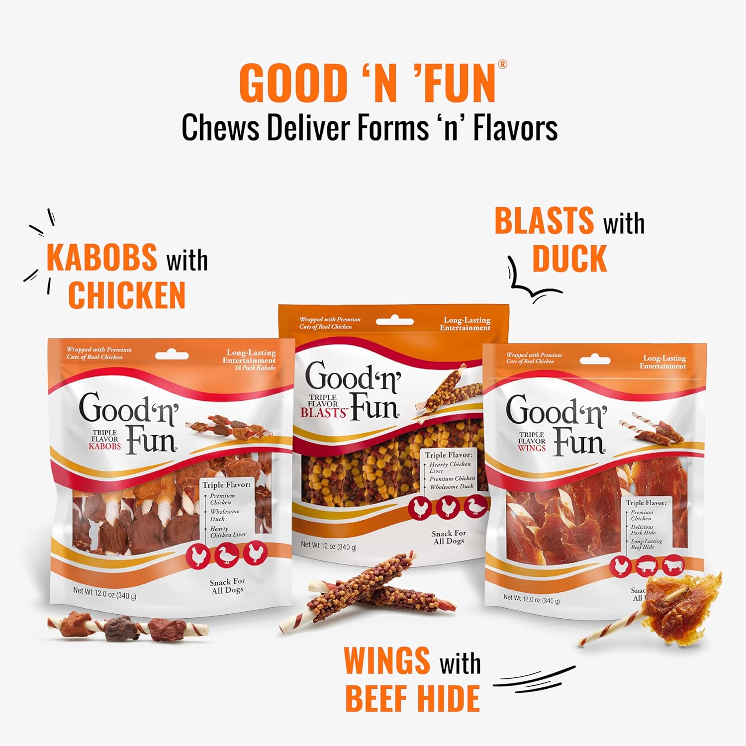 Good ‘n’ Fun Triple Flavor Wings Chews for All Dogs, 12 Ounces, Treat Your Dog to Long-Lasting Chews Made from Chicken, Pork Hide and Beef Hide