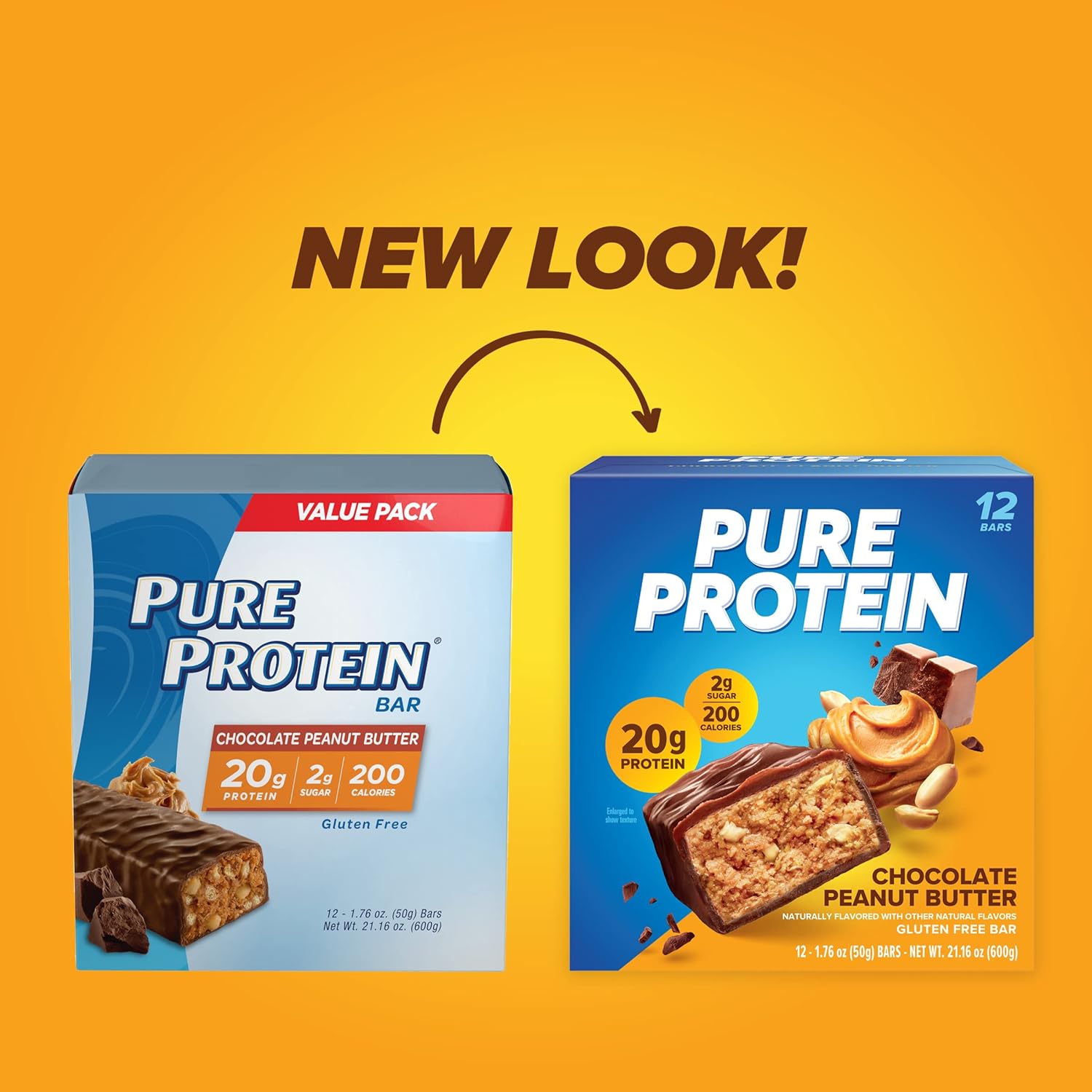 Pure Protein Chocolate Peanut Butter Protein Bars – 20g Protein, 3g Sugar, 190 Calories (12 count) Low Sugar* High Protein Snack - Gluten Free - Perfect for a Healthy Snack