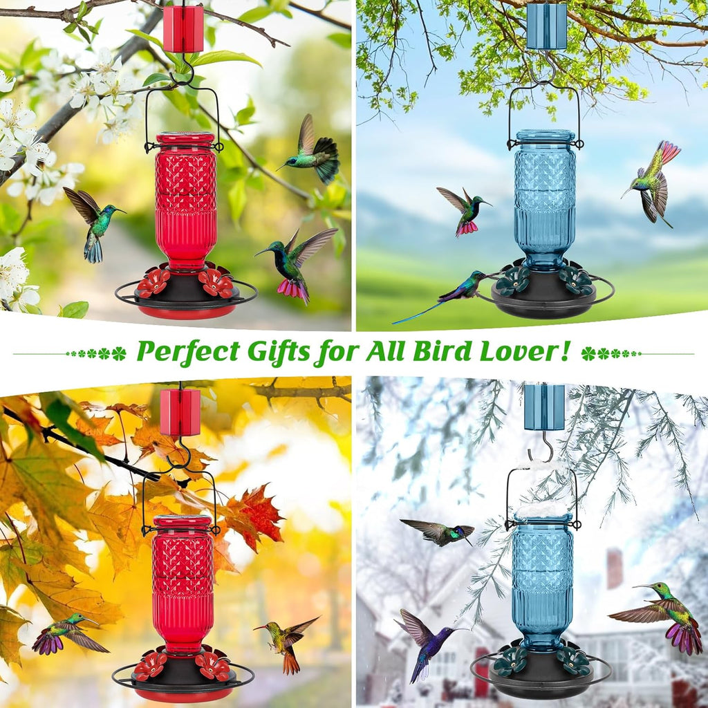 FEED GARDEN Glass Hummingbird Feeder, 16oz Outdoor Hanging Bird Feeder with Ant Moat, 4 Bee-Proof Feeding Ports, 360° Perch, Leak-Proof, Red