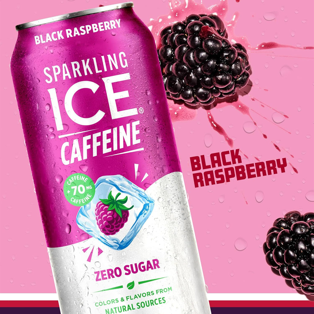Sparkling Ice Caffeine Black Raspberry Sparkling Water with Caffeine, Zero Sugar, with Antioxidants and Vitamins,16 fl oz Cans (Pack Of 12)