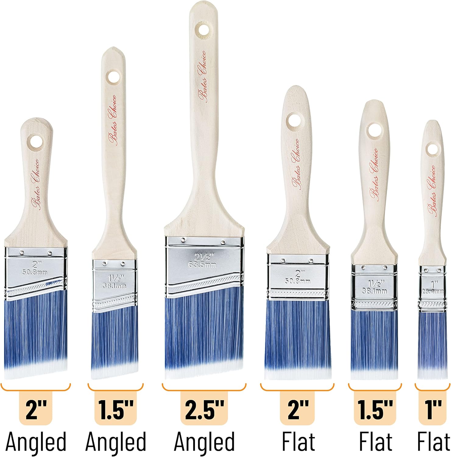 Bates- Paint Brushes, 6 Pack, Treated Wood Handle, Paint Brushes for Walls, Stain, Furniture