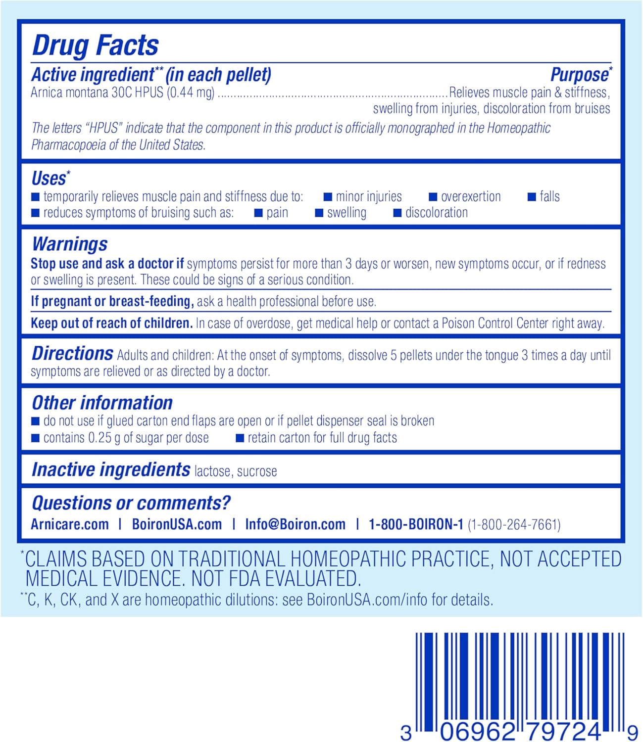 Boiron Arnica Montana 30C Homeopathic Medicine for Relief from Muscle Pain, Muscle Stiffness, Swelling from Injury, and Discoloration from Bruises - 3 Count (240 Pellets)