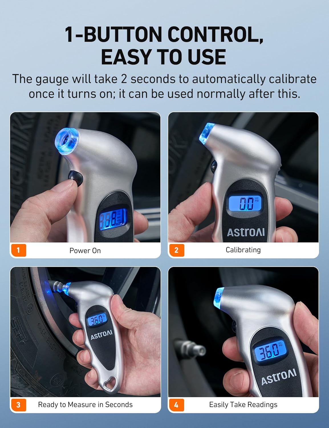 AstroAI Digital Tire Pressure Gauge 0-150PSI Calibrated to ANSI B40.7 +/-1PSI, Accurate in 0.1 Increments, 4 Pressure Measurements for Car Truck Bicycle with Backlight LCD, Silver