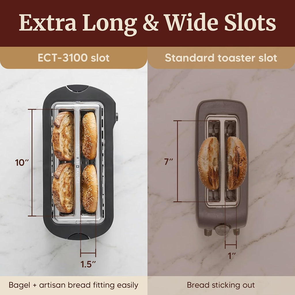 Elite Gourmet ECT-3100 4-Slice Long Slot Toaster | Extra Wide Slots for Bagels, Sourdough & Texas Toast | 6 Browning Settings | Reheat, Defrost & Cancel | Built-In Warming Rack | Stainless Steel