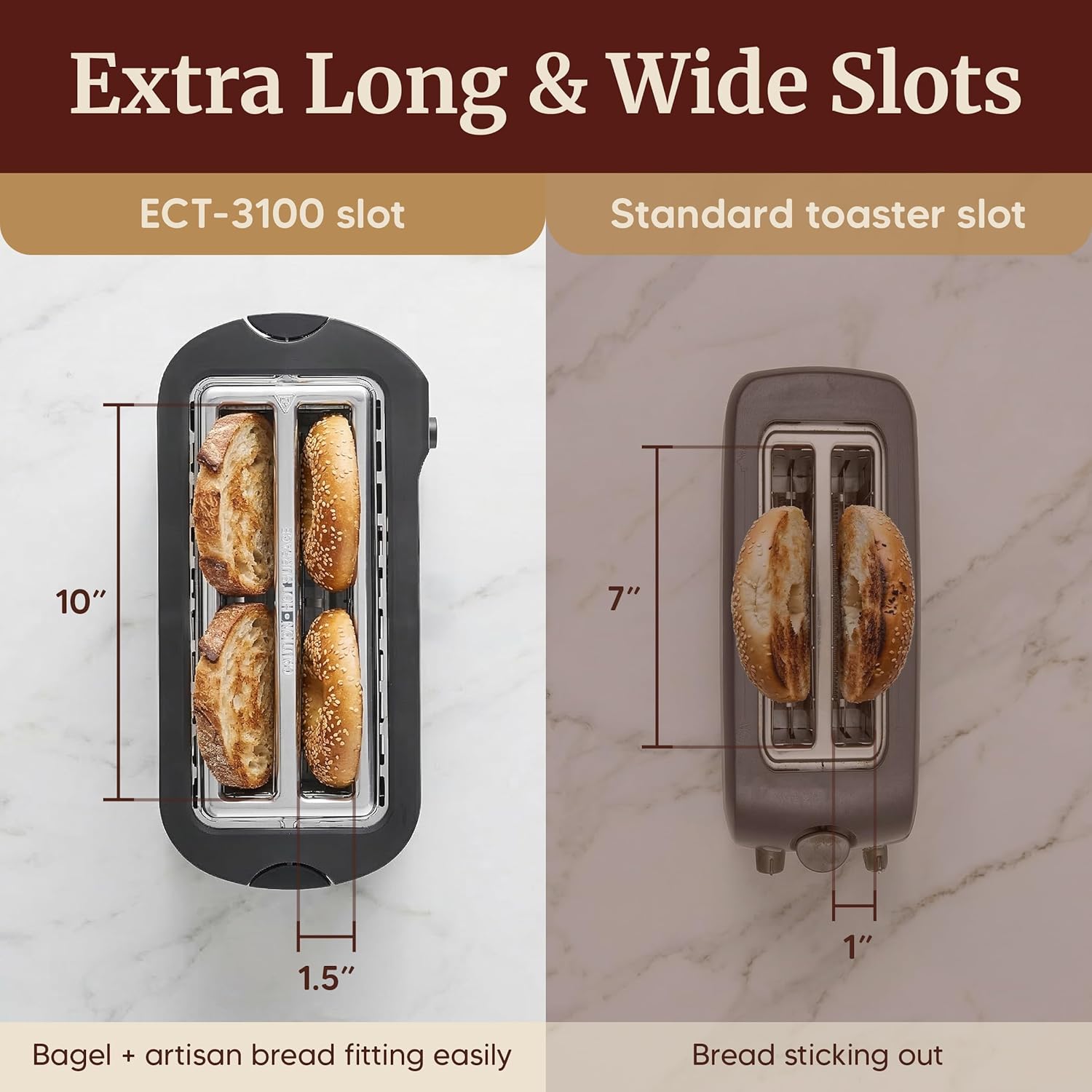 Elite Gourmet ECT-3100 4-Slice Long Slot Toaster | Extra Wide Slots for Bagels, Sourdough & Texas Toast | 6 Browning Settings | Reheat, Defrost & Cancel | Built-In Warming Rack | Stainless Steel