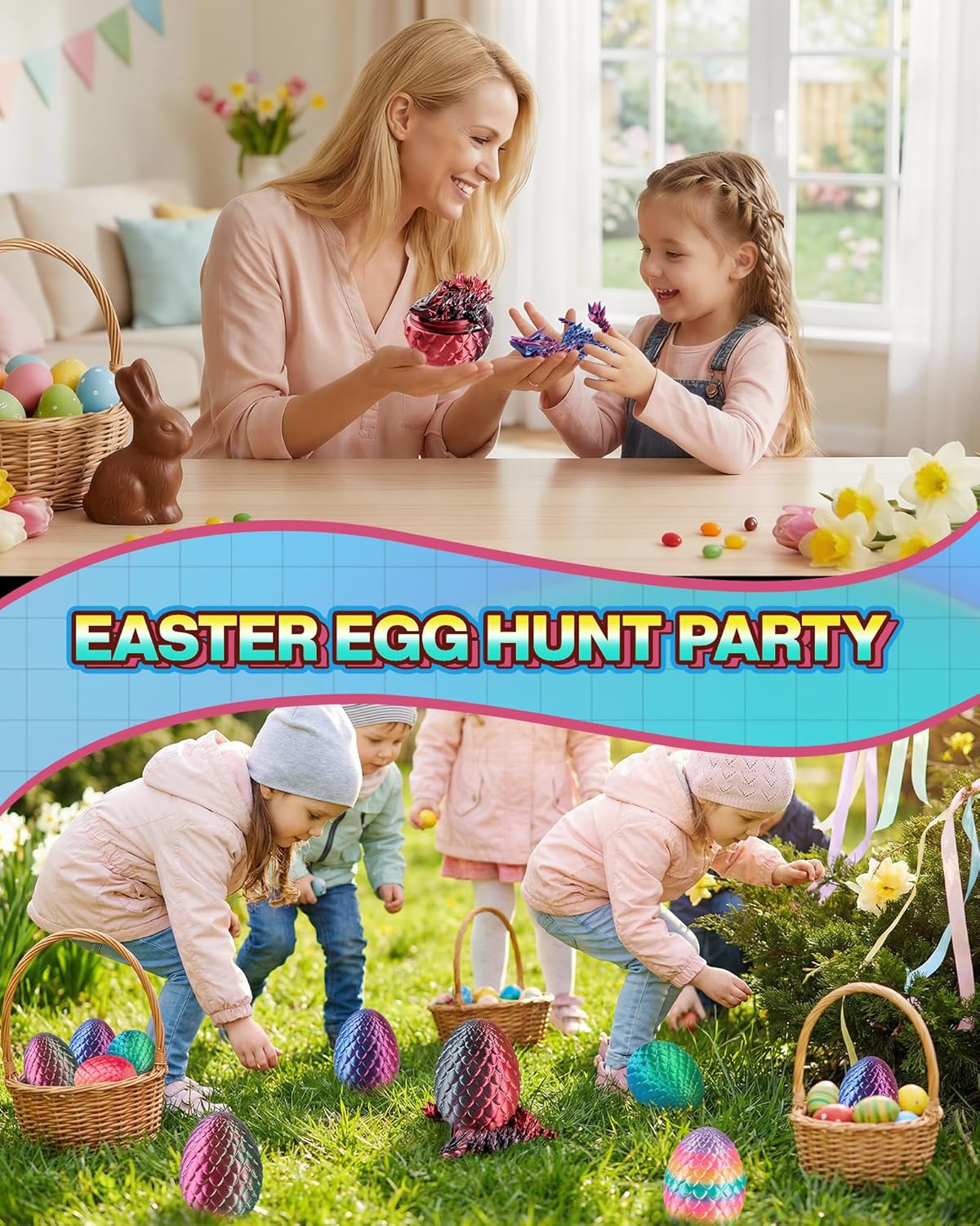 Rapean 8" 3D Printed Dragon Eggs, Easter Basket Stuffers for Kids and Teens, Unique Easter Toys & Decor for Children, Mysterious Dragon Toys Gifts for Boys & Girls (4 Pack)