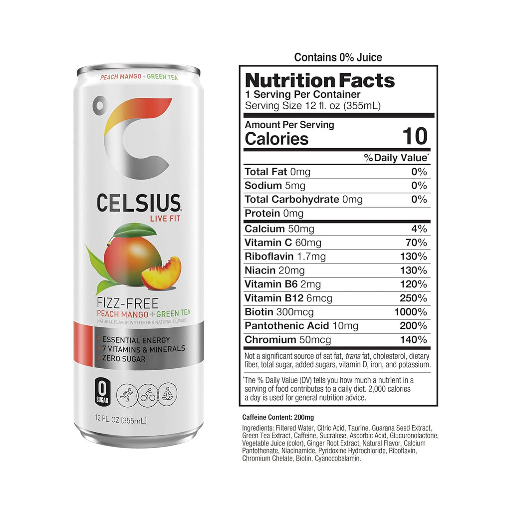 CELSIUS Fizz Free Peach Mango Green Tea, Sugar Free Energy Drink, 12 Fl Oz (Pack of 12)