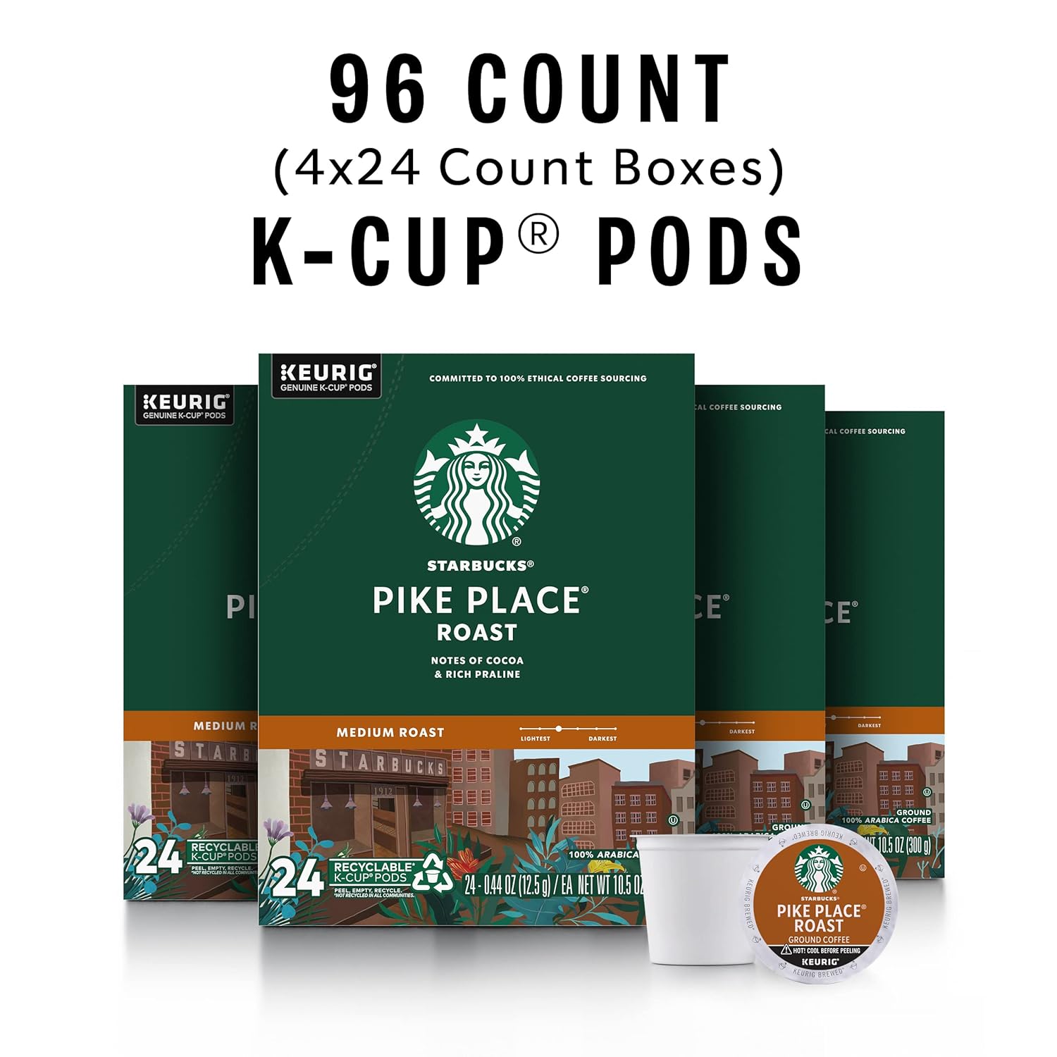 Starbucks K-Cup Coffee Pods, Medium Roast Hot or Iced Coffee, Pike Place Roast, 96 Keurig Pods