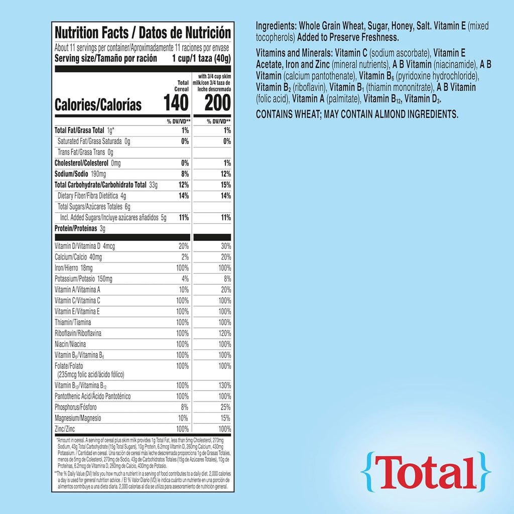 Total Breakfast Cereal, 100% Daily Value of 11 Vitamins and Minerals, Whole Grain Cereal, 16 oz