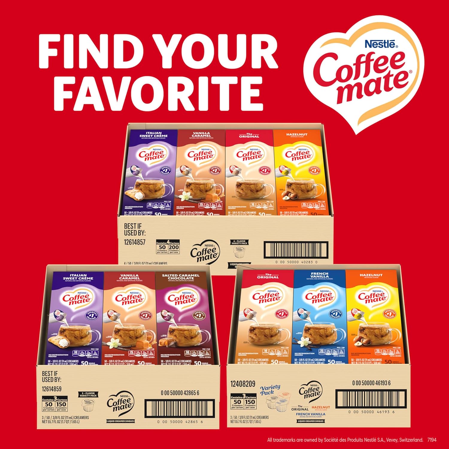 Nestle Coffee mate Creamer Singles Variety Pack, Original, French Vanilla, Hazelnut, Non Dairy, No Refrigeration, 150 Count (Pack of 3)