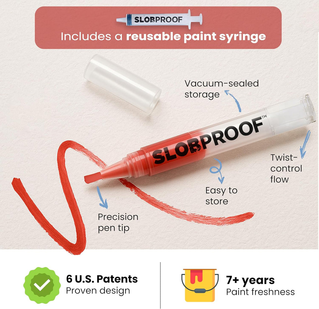 Slobproof Refillable Touch-Up Paint Pen, Mess-Free, Reusable Wall Paint Repair Tool, Precise Application, DIY Home Improvement, Furniture, Arts and Crafts, Patented Design, Easy Storage, Pack of 2