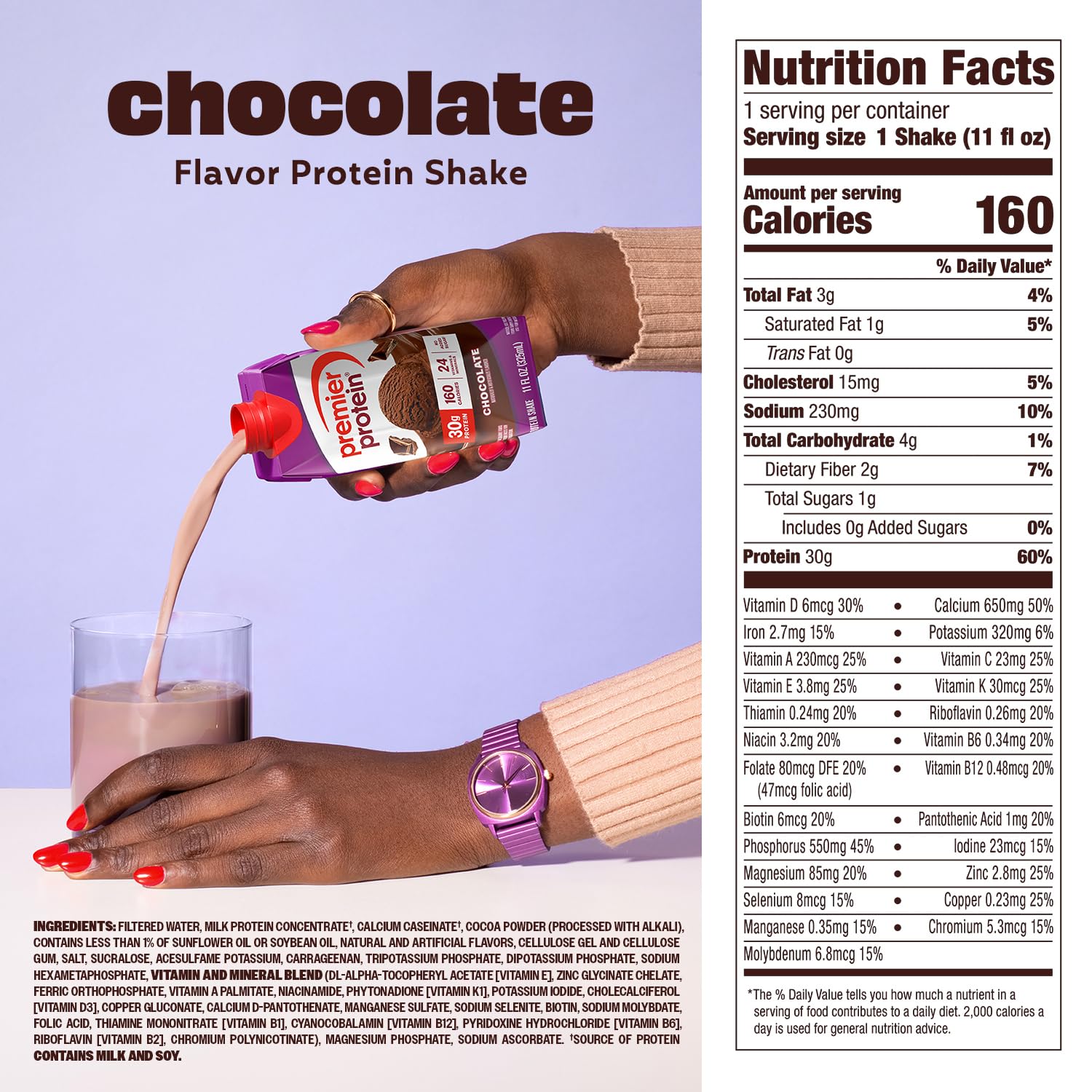 Premier Protein Shake, Chocolate, 30g Protein, No Added Sugar, 24 Vitamins & Minerals to Support Immune Health, 11 fl oz, 12 Pack