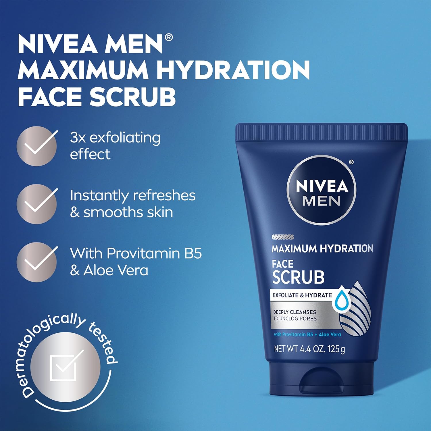NIVEA MEN Maximum Hydration Face Scrub with Provitamin B5 and Aloe Vera, Exfoliating Face Wash Deeply Cleanses to Unclog Pores, 4.4 Oz Tube, Pack of 3