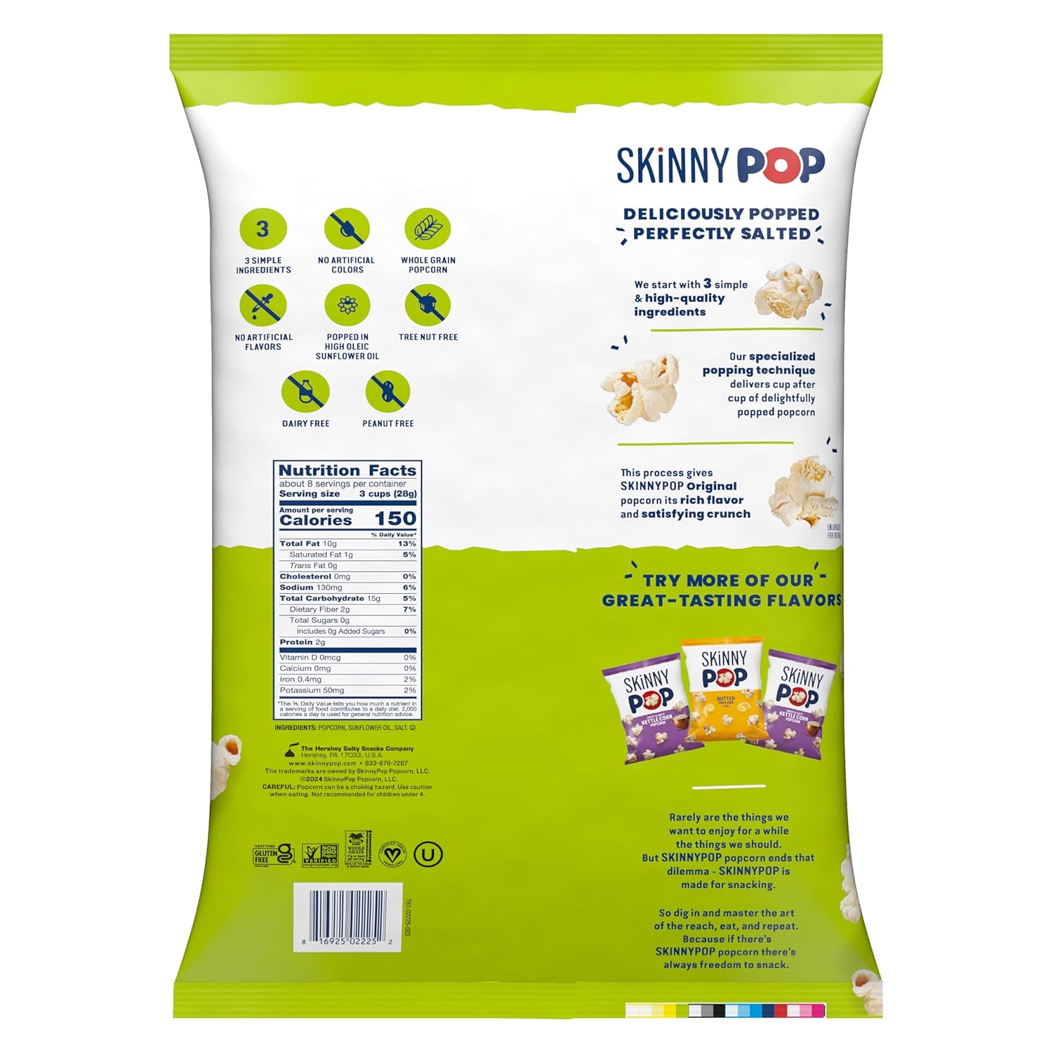 SkinnyPop Popcorn, Original, Whole Grain, Dairy-Free Snack, 8oz Family Size Bag