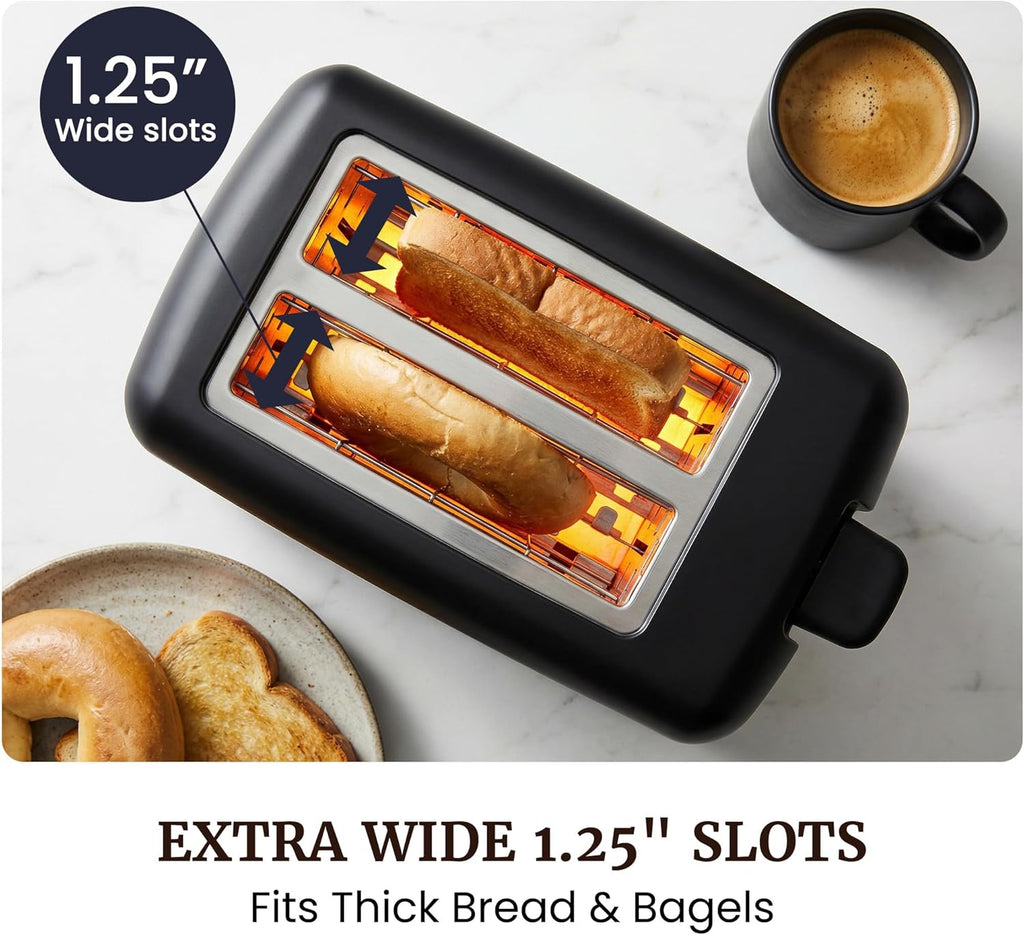 Elite Gourmet 2-Slice Cool Touch Toaster – 6 Browning Levels, Extra Wide 1.25” Slots for Bagels & Thick Bread, Cancel Function, Compact, ETL Certified, Black