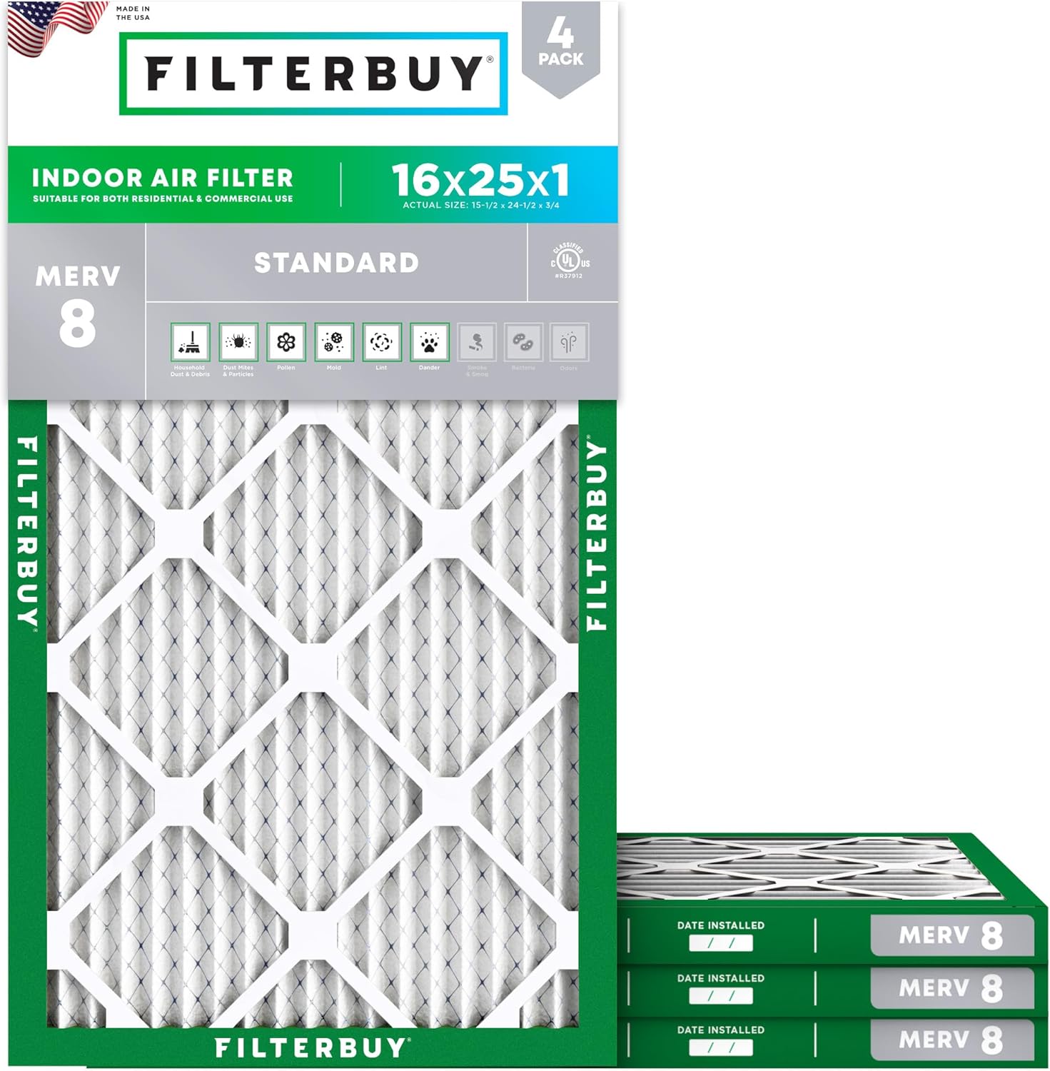 Filterbuy 16x25x1 Air Filter MERV 8 Essential Dust & Allergy Defense (4-Pack), Electrostatic Pleated HVAC AC Furnace Filters Replacement (Actual Size: 15.50 x 24.50 x 0.75)
