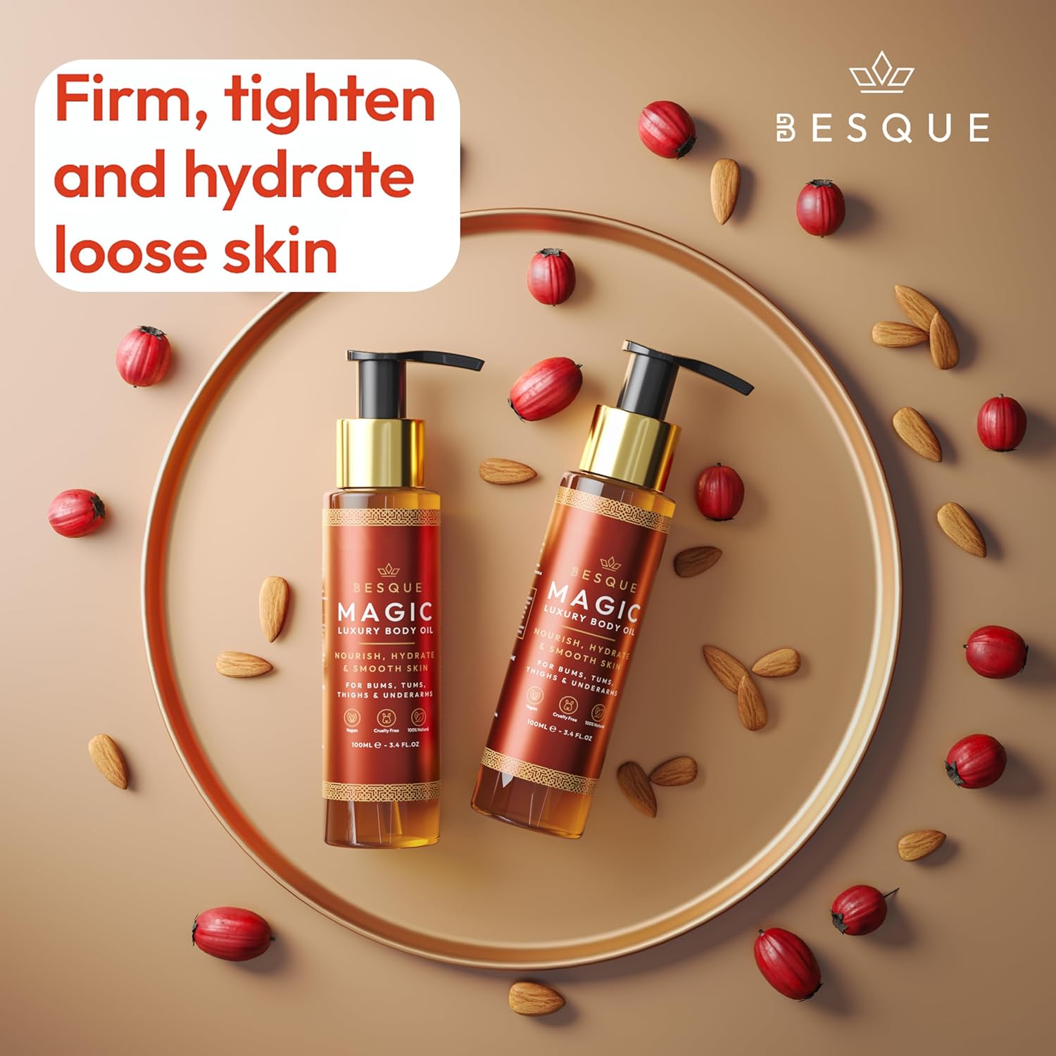Besque Magic Body Oil, 3.4 FL OZ, After Shower Body Oil For Women, Hydrating Skin Care For Full Body That Plumps, Tightens, and Firms Skin With Natural Ingredients, Luxury Spa Gifts - Pack of 1