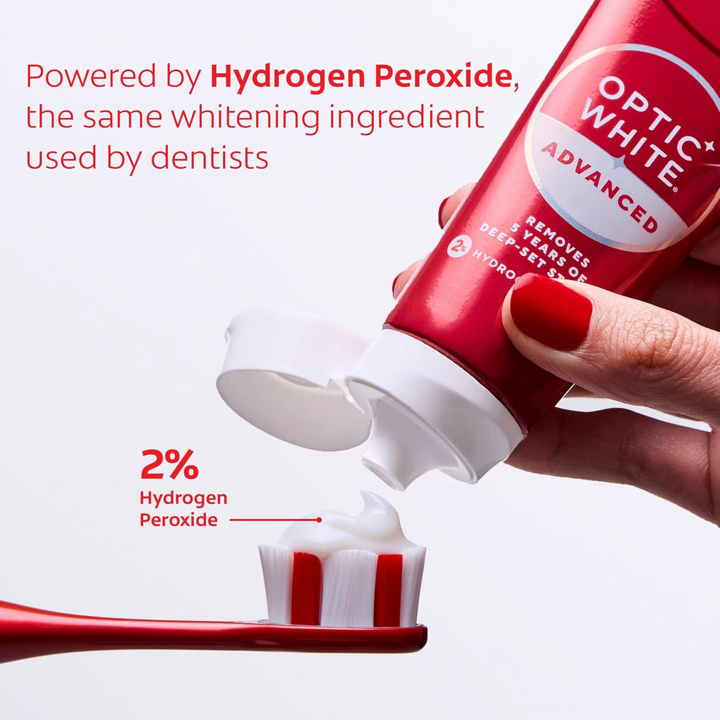 Colgate Optic White Advanced Hydrogen Peroxide Toothpaste, Teeth Whitening Toothpaste Pack, Enamel-Safe Formula, Helps Remove Tea, Coffee, and Wine Stains, Sparkling White, 3 Pack, 3.2 oz