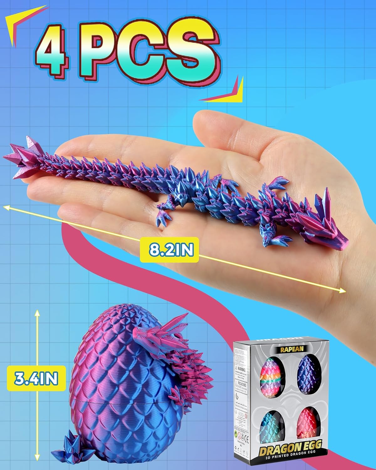 Rapean 8" 3D Printed Dragon Eggs, Easter Basket Stuffers for Kids and Teens, Unique Easter Toys & Decor for Children, Mysterious Dragon Toys Gifts for Boys & Girls (4 Pack)