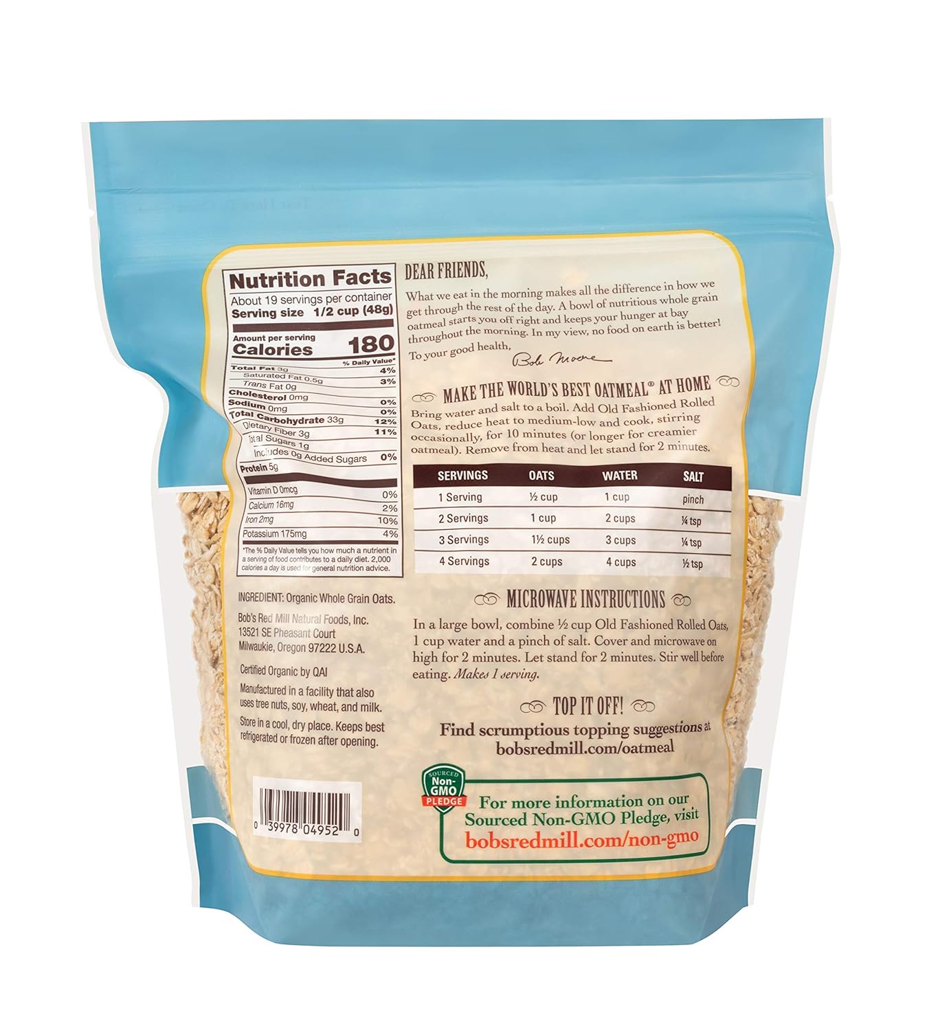 Bob's Red Mill Organic Old Fashioned Rolled Oats, 32oz (Pack of 4) - Non GMO, Whole Grain, Vegan, Kosher