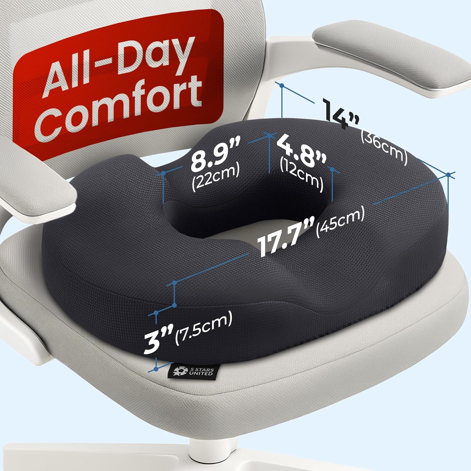5 STARS UNITED Donut Pillow Hemorrhoid Tailbone Cushion – Large Cushion for Pain Relief – Coccyx, Prostate, Sciatica, Pelvic Floor, Pressure Sores, Pregnancy, Postpartum Recovery, Black