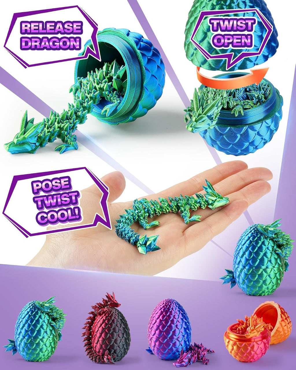 12PACK 3D Printed Dragon Eggs, Easter Basket Stuffers for Children and Teens, Unique Easter Toys & Gifts for Boys, Mini Articulated Dragon Toys for Kids.