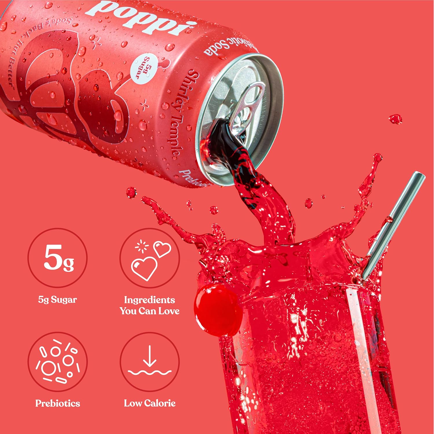 Poppi Sparkling Prebiotic Soda Beverage with Apple Cider Vinegar, Seltzer Water and Fruit Juice, Shirley Temple, 12 Fl Oz, Pack of 12