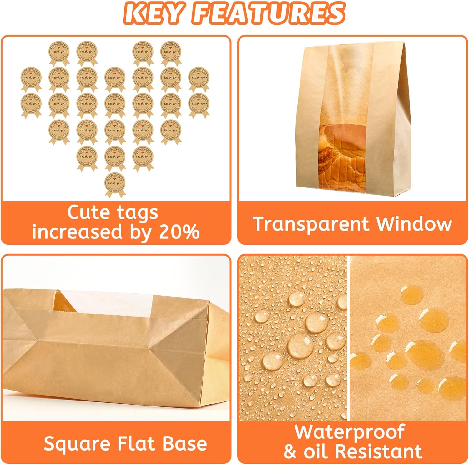 50 Pcs Bread Bags for Homemade Bread, Sourdough Paper With Window, 50% Thicker 13.7x8.2x3.7in A Large Bakery Bags Used for Storage Cookies & Snacks, 60 Cute Sealing Stickers With Ties