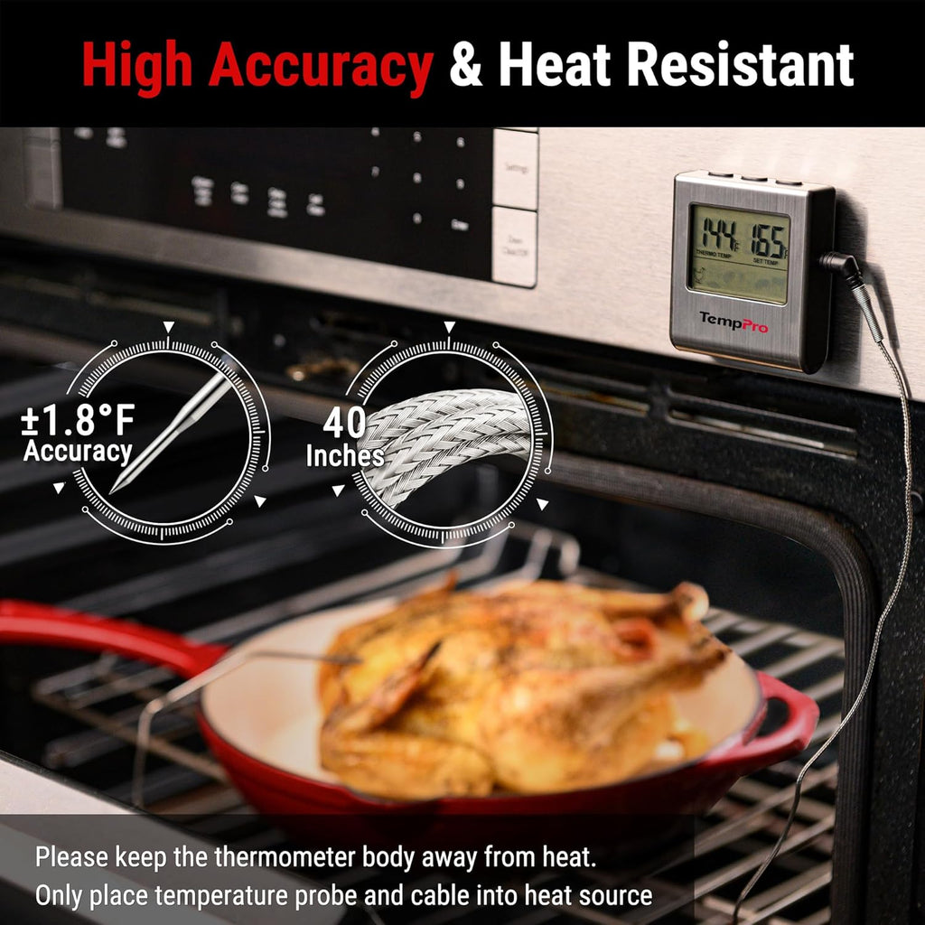 TempPro TP16 Large LCD Digital Cooking Food Meat Thermometer for Smoker Oven Kitchen BBQ Grill Thermometer Clock Timer with Stainless Steel Temperature Probe(Previously ThermoPro)