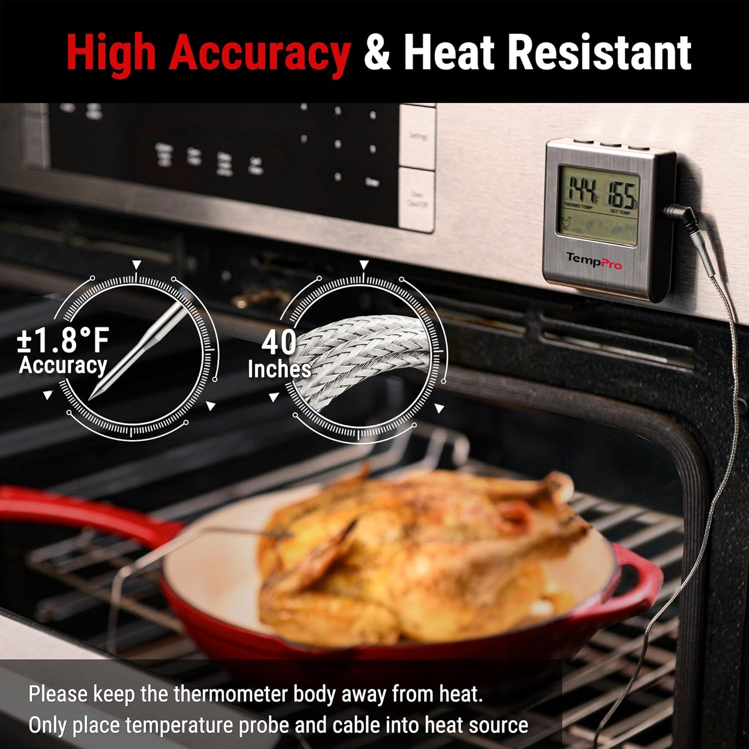 TempPro TP16 Large LCD Digital Cooking Food Meat Thermometer for Smoker Oven Kitchen BBQ Grill Thermometer Clock Timer with Stainless Steel Temperature Probe(Previously ThermoPro)