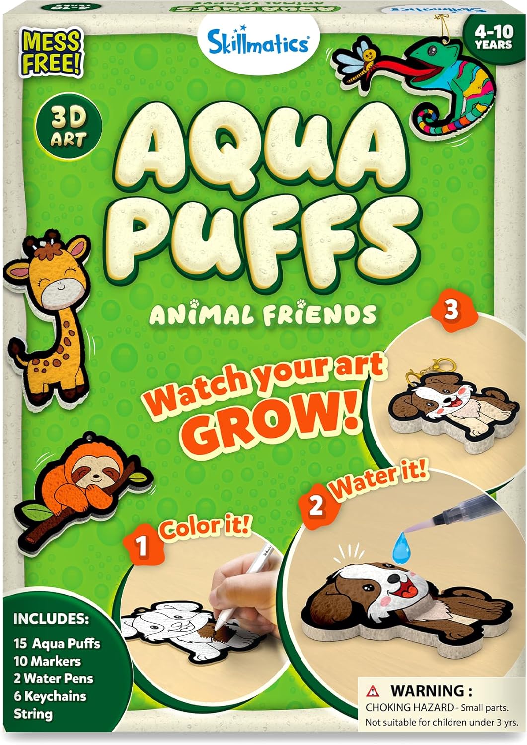 Skillmatics Aqua Puffs - 3D Art Kit, Animals, Mess-Free Paint by Number Craft for Kids, DIY Color & Inflate Activity, Travel & Creative Gift for Girls & Boys Ages 4, 5, 6, 7, 8, 9, 10