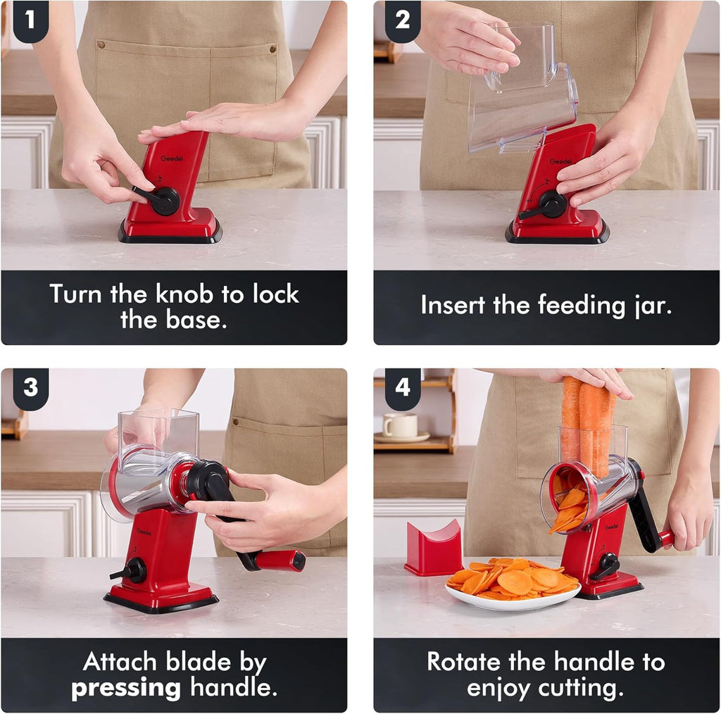 Geedel Rotary Cheese Grater, Kitchen Mandoline Vegetable Slicer with 3 Interchangeable Blades, Easy to Clean Rotary Grater Slicer for Fruit, Vegetables, Nuts