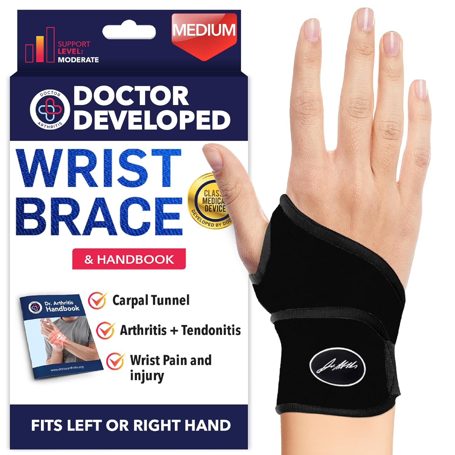 Doctor Developed Wrist Brace, Wrist Wraps for Carpal Tunnel Arthritis, Tendonitis, Hand Support, Ideal for Fitness, Weightlifting - Handbook Included (Wrist Brace 1 Pack)