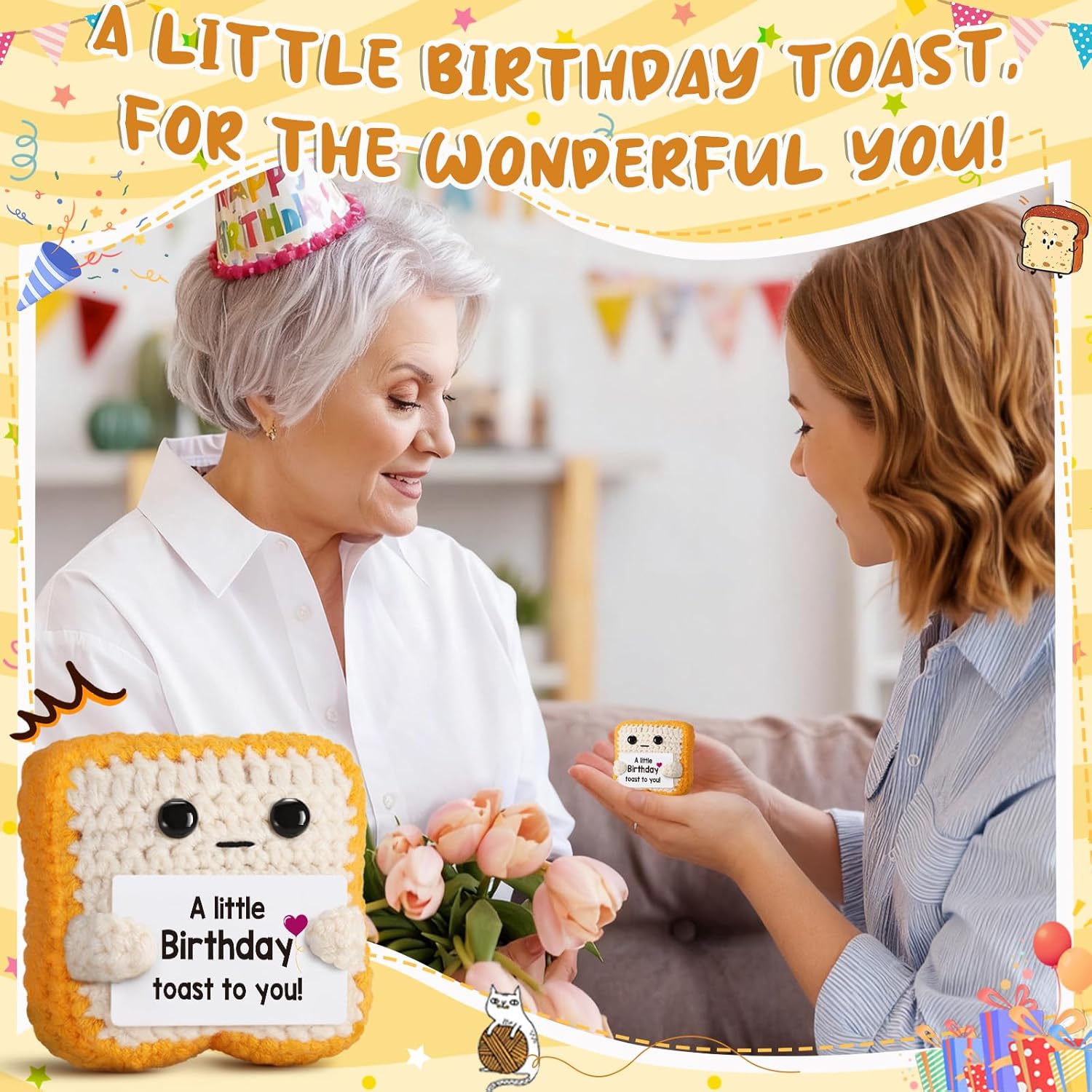 A Little Birthday Toast to You - Funny Happy Birthday Gifts for Women, Men, Mom, Dad, Sister, Best Friend - Unique Birthday Decorations Crochet Toast Gift Card for Her/Him Ideas, Mothers Day