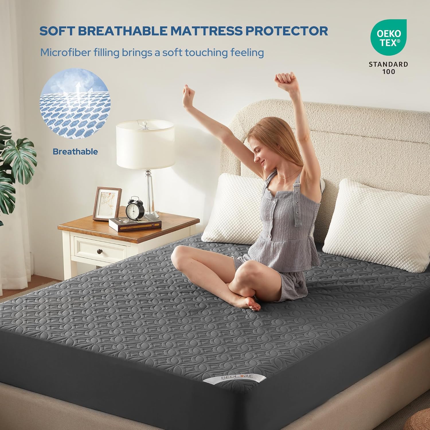 BEDLORE Waterproof Mattress Protector, Queen Size Mattress Pad Noiseless with Deep Pocket 6"-18" Depth, Soft Breathable Dirt-Proof Bed Mattress Cover Washable for Home, Bedroom, Hotel (Gray)