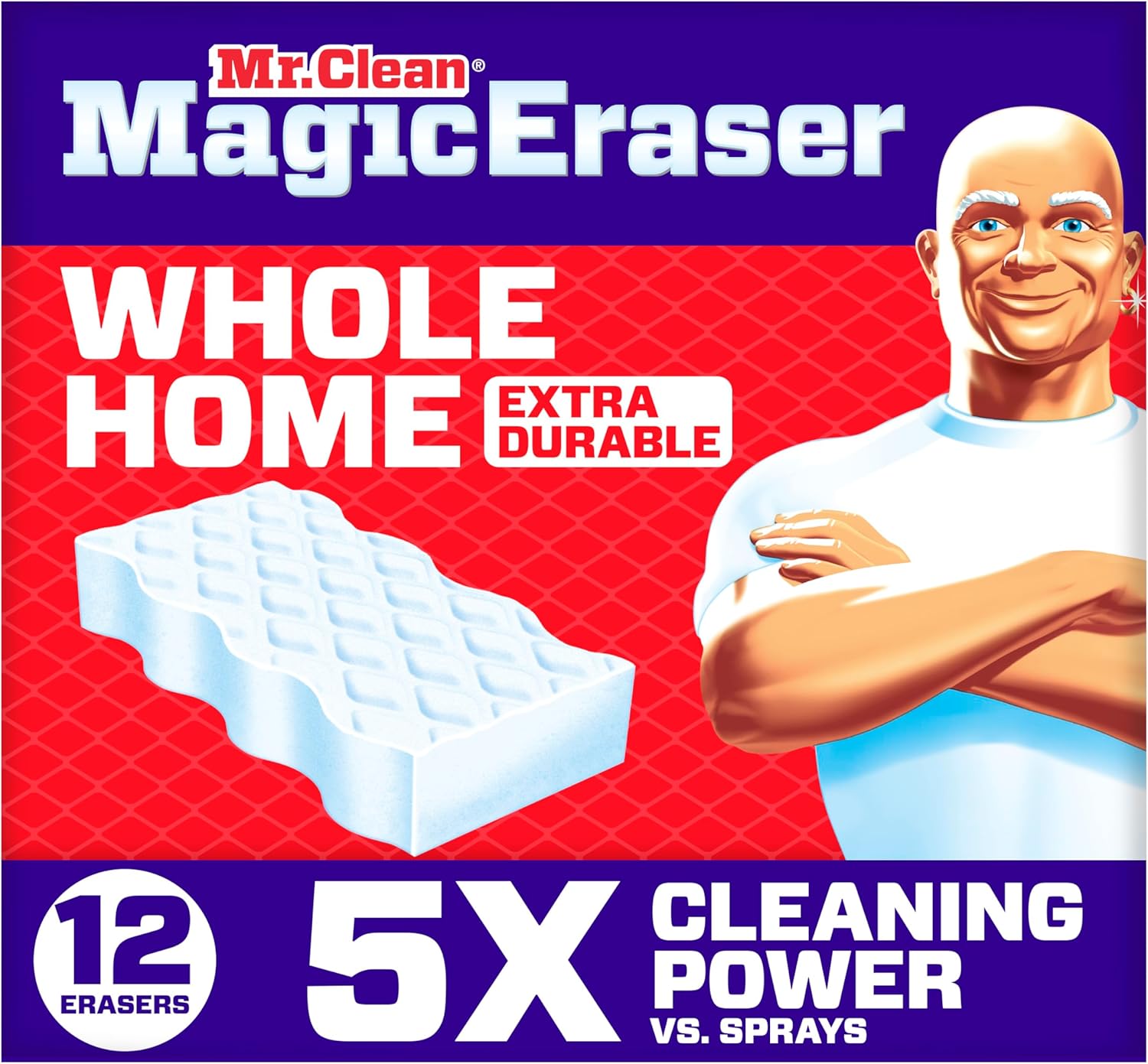 Mr. Clean Magic Eraser Sponge, All Purpose Cleaner, Cleaning Scrubber, Wall, Sneaker, Kitchen, Bathroom, Shower Cleaning Supplies, Melamine Sponge, Cleaning Pads, Whole Home Extra Durable, 12ct