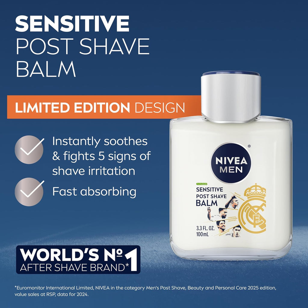 NIVEA MEN Real Madrid Limited Edition Design Sensitive Post Shave Balm, with VitaminPro Complex, Alcohol Free After Shave Balm for Men, 3.3 Fl Oz Bottle