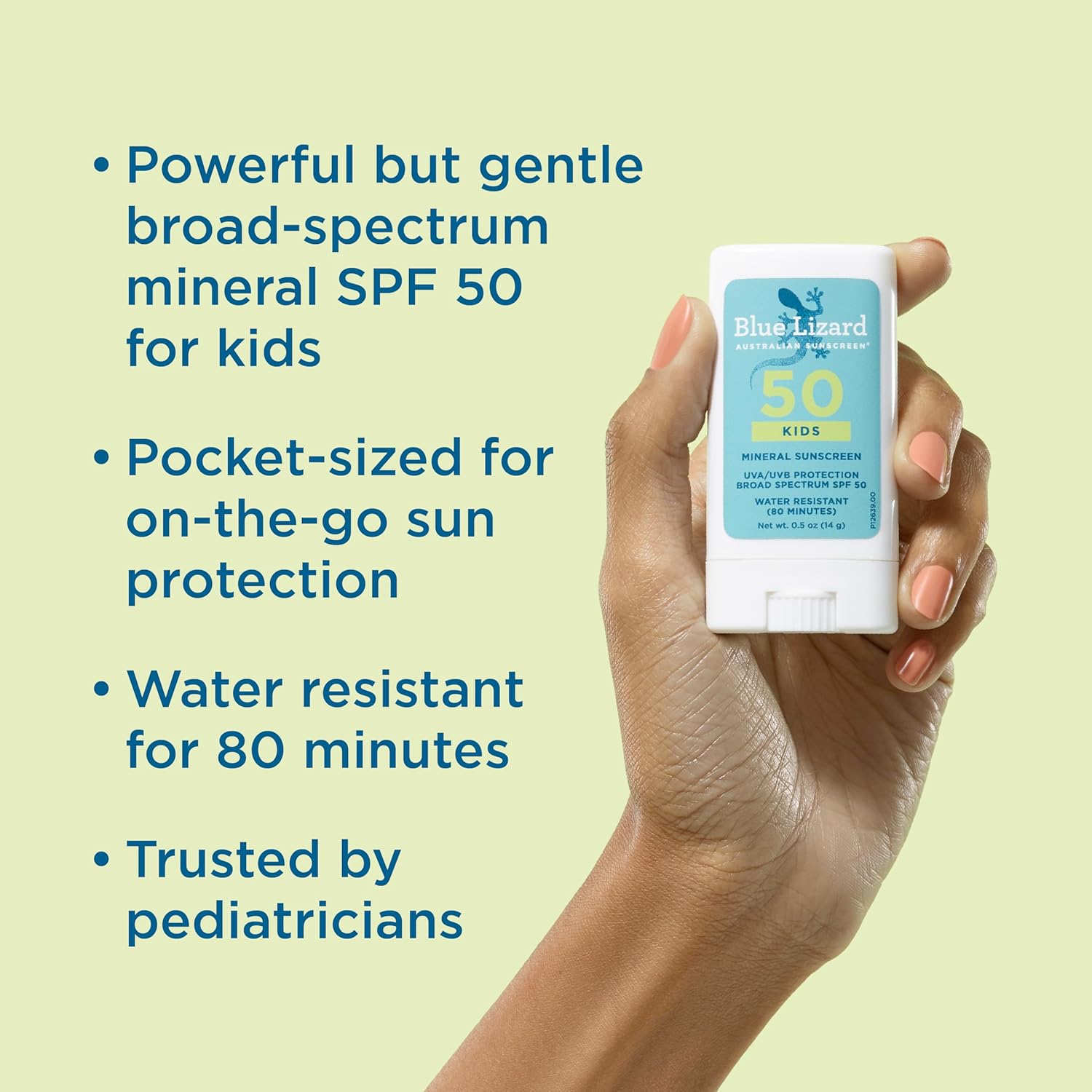 Blue Lizard Kids Mineral SPF 50 Sunscreen Stick, Zinc Oxide, 100% Mineral Actives, Developed for Kids’ Sensitive Skin, TSA-Friendly, Vegan, Paraben-free, Fragrance-Free, 0.5 oz
