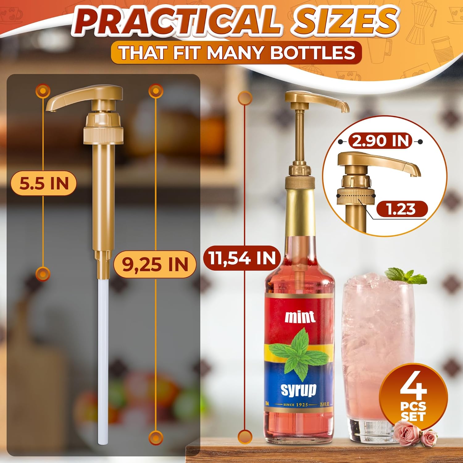 4 Pcs Coffee Syrup Pump Dispenser - Works as Skinny and Torani Syrup Pump - Fits Various 25.4 oz Bottles, Precise Dispensing 0.3oz & Lockable Design, Easy to Use & Clean, Ideal for Liquid & Pastes