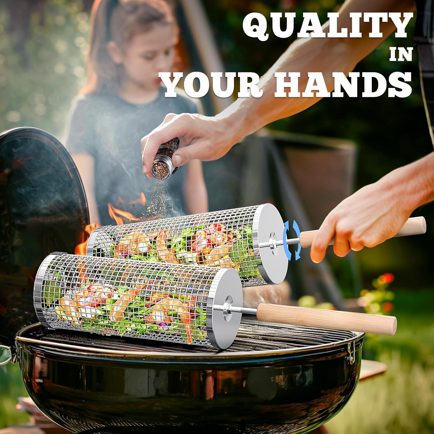 ivtivfu Rolling Grill Basket, Removable Wooden Handle, 304 Stainless Steel, Nesting BBQ Tools, Smoker Grilling Accessories for Vegetable, Outdoor Cooking Camping, Birthday Gifts for Men Dad Husband