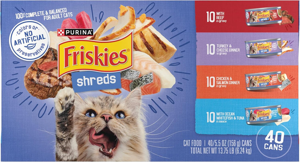 Purina Friskies Wet Cat Food Variety Pack, Shreds With Beef, Turkey and Cheese Dinner, Chicken and Salmon Dinner, and With Ocean Whitefish and Tuna - (Pack of 40) 5.5 oz. Cans