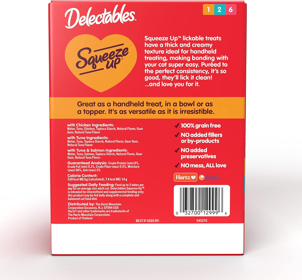 Delectables Squeeze Up Variety Pack, Creamy Squeezable Puree, Lickable Wet Cat Treats, Grain Free, No Added Fillers, No By-Products, No Added Preservatives, 0.5 Ounces Tube, 54 Tubes Total