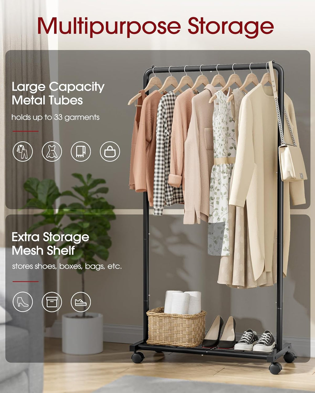 Sakugi Clothes Rack - Clothing Rack with Storage Mesh Shelf & Casters, Heavy-Duty Metal Clothing Rack for Hanging Clothes, Dresses, Coats, Large Load Capacity, Easy Assembly, Black, 28.0"x16.9"x59.0"