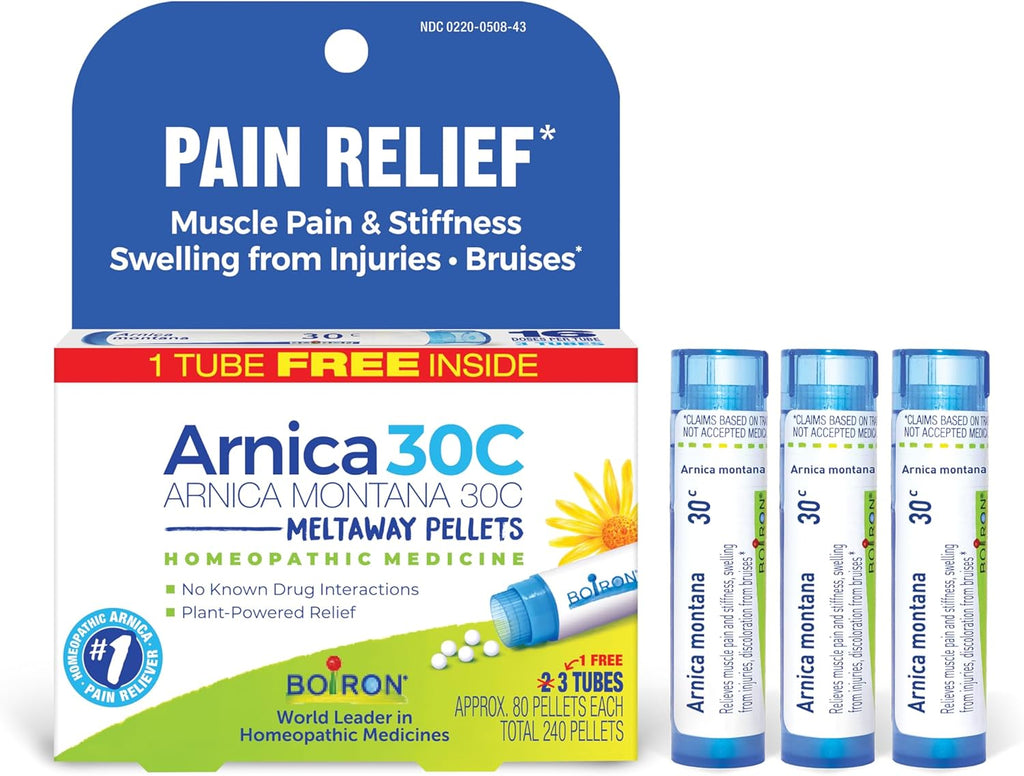 Boiron Arnica Montana 30C Homeopathic Medicine for Relief from Muscle Pain, Muscle Stiffness, Swelling from Injury, and Discoloration from Bruises - 3 Count (240 Pellets)