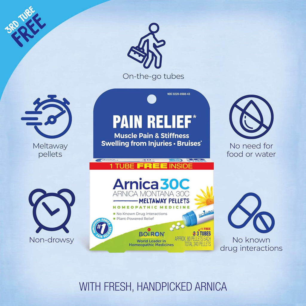 Boiron Arnica Montana 30C Homeopathic Medicine for Relief from Muscle Pain, Muscle Stiffness, Swelling from Injury, and Discoloration from Bruises - 3 Count (240 Pellets)