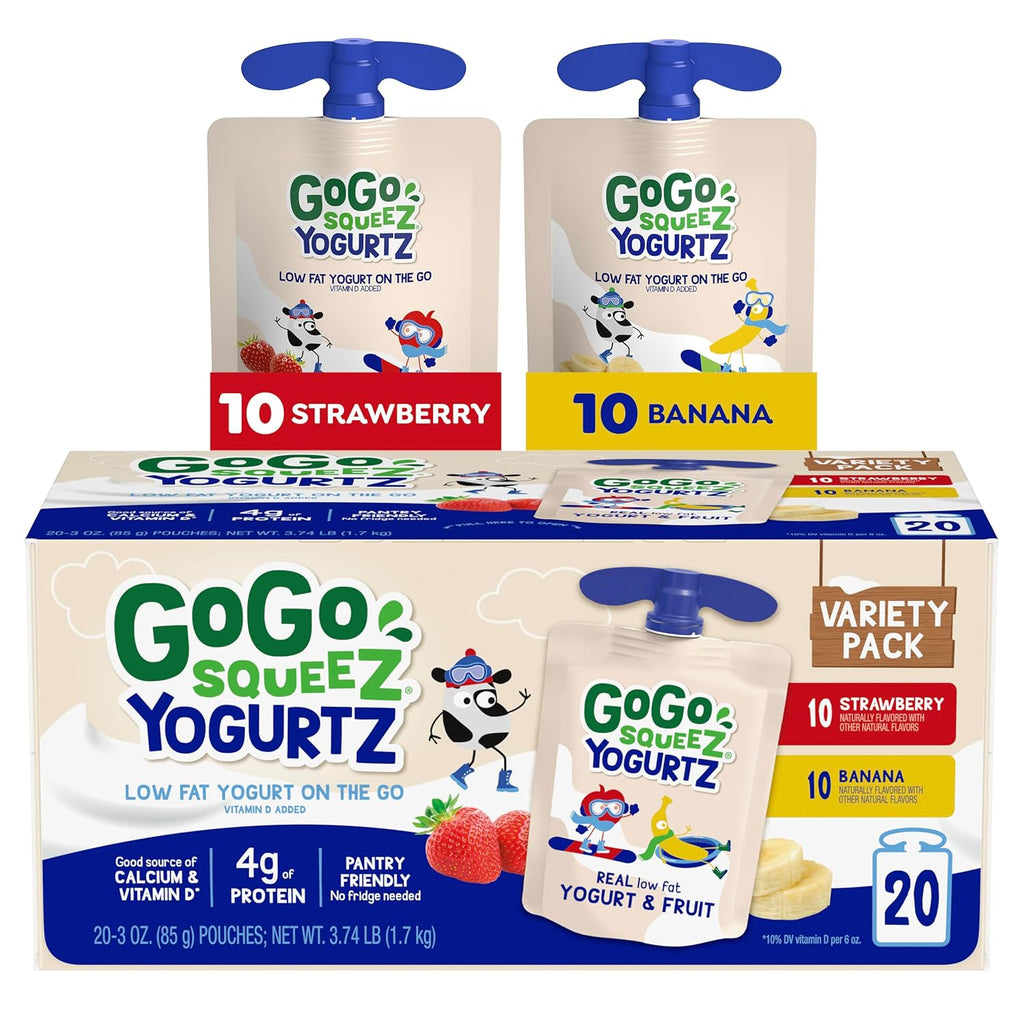 GoGo squeeZ yogurtZ Variety Pack, Strawberry & Banana, 3 oz (Pack of 20), Kids Snacks Made from Real Yogurt and Fruit, No Fridge Needed, Gluten Free, Nut Free, Recloseable Cap, BPA Free Pouches