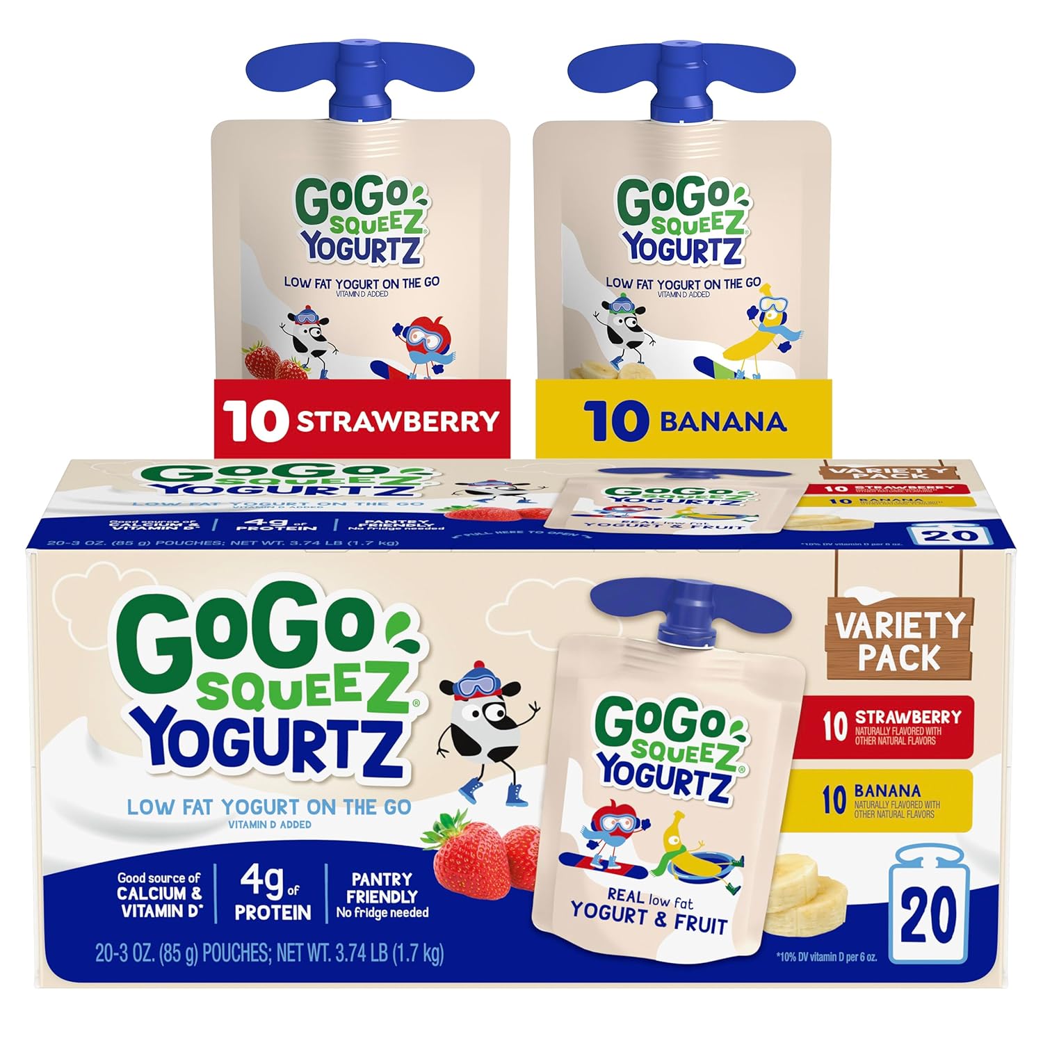 GoGo squeeZ yogurtZ Variety Pack, Strawberry & Banana, 3 oz (Pack of 20), Kids Snacks Made from Real Yogurt and Fruit, No Fridge Needed, Gluten Free, Nut Free, Recloseable Cap, BPA Free Pouches