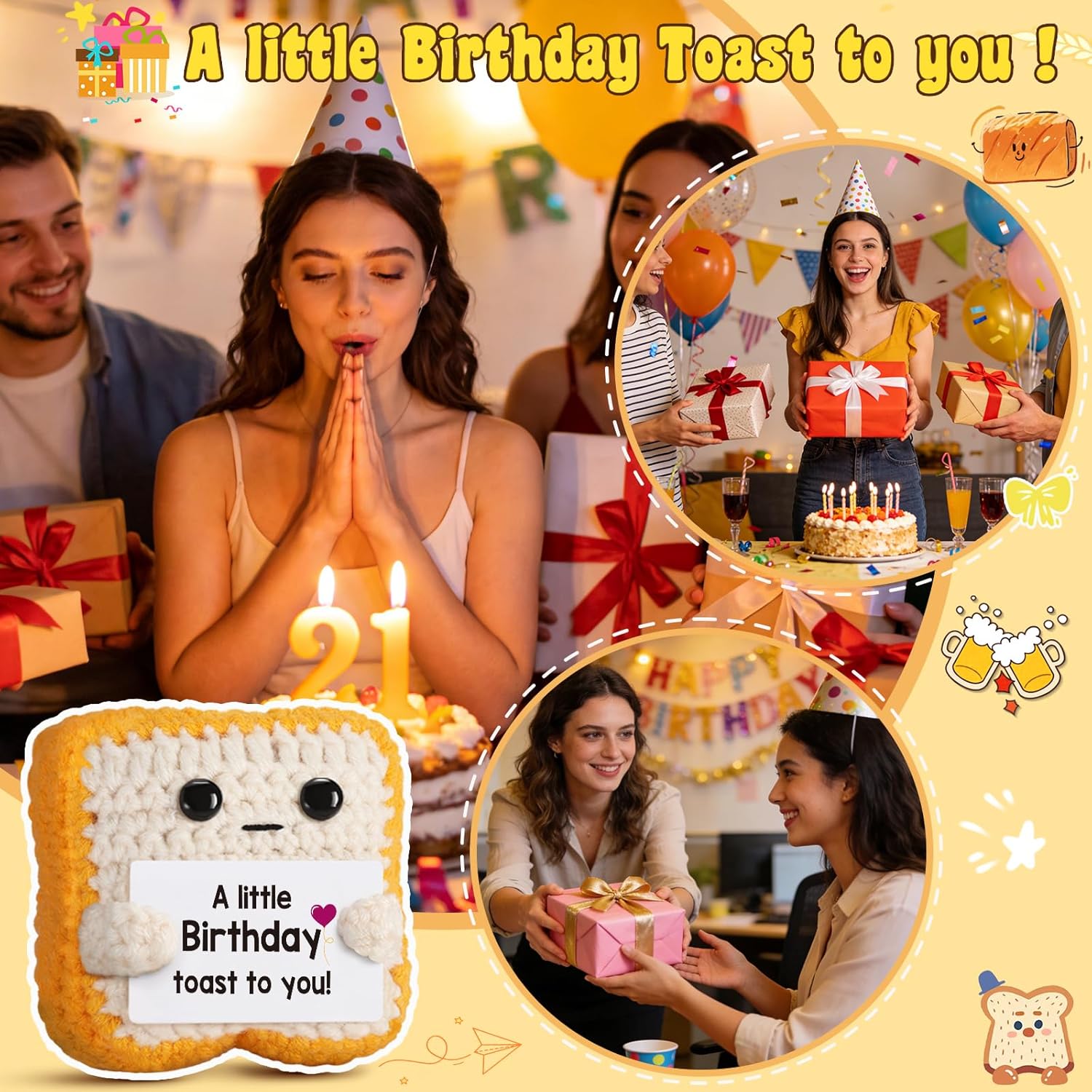 A Little Birthday Toast to You - Funny Happy Birthday Gifts for Women, Men, Mom, Dad, Sister, Best Friend - Unique Birthday Decorations Crochet Toast Gift Card for Her/Him Ideas, Mothers Day