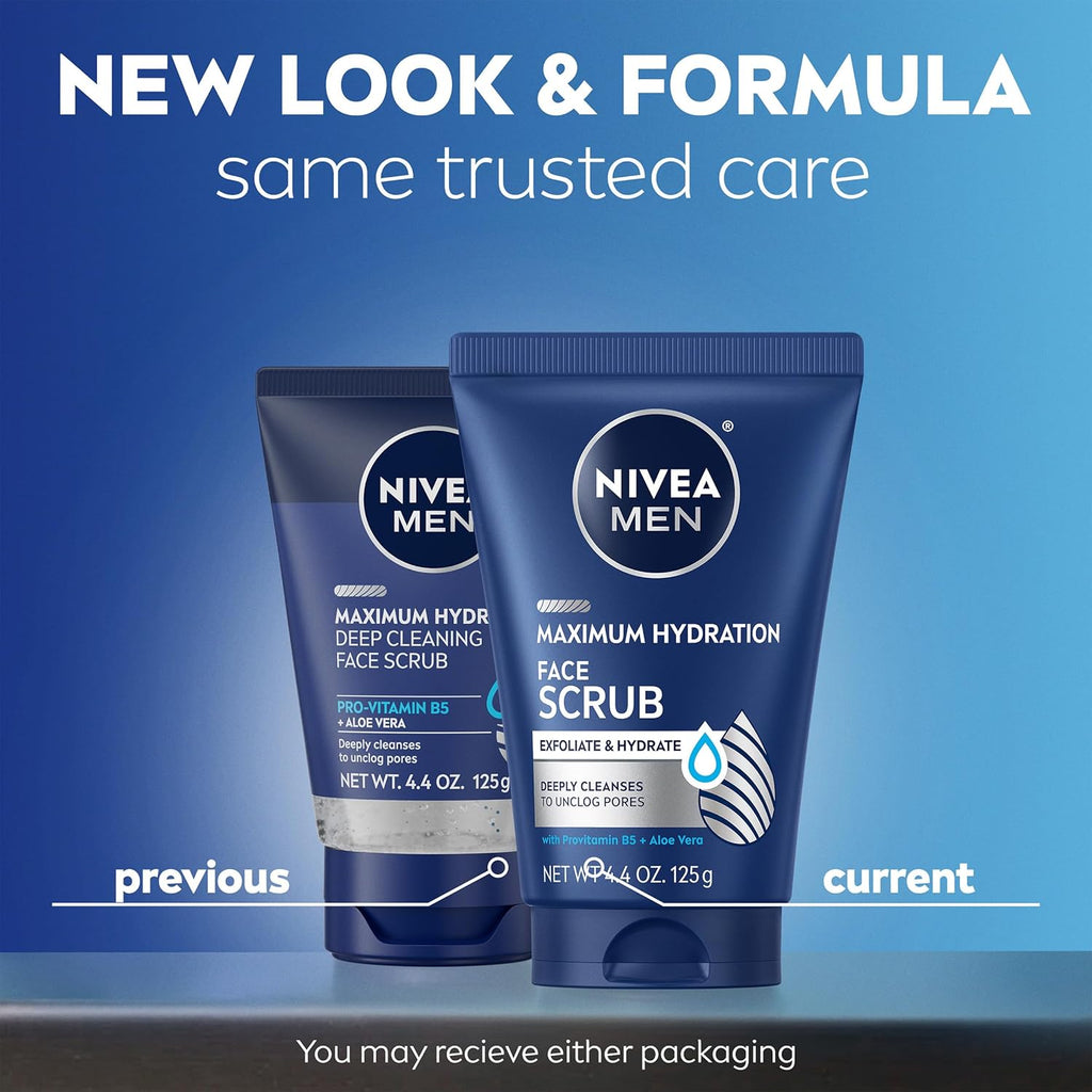 NIVEA MEN Maximum Hydration Face Scrub with Provitamin B5 and Aloe Vera, Exfoliating Face Wash Deeply Cleanses to Unclog Pores, 4.4 Oz Tube, Pack of 3