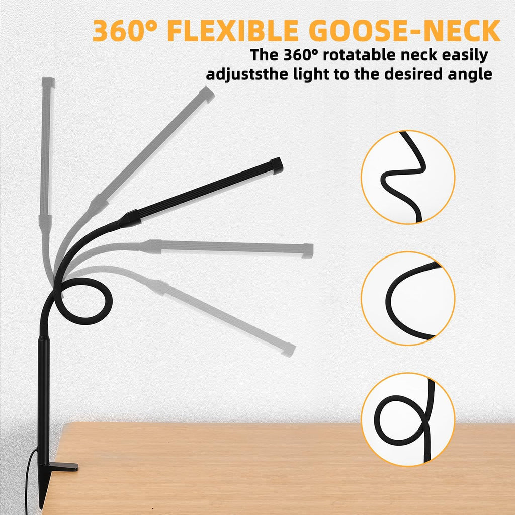 Voncerus LED Desk Lamp with Clamp, Eye-Caring Clip on Lights for Home Office, 3 Modes 10 Brightness, Long Flexible Goose-Neck, Metal, Swing Arm Architect Task Table Lamps with USB Adapter, Black